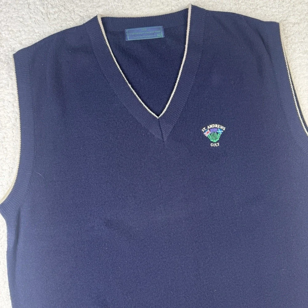 St Andrews Golf Course Lambswool Vest XL Blue Golf Sweater Scotland Vintage Mint